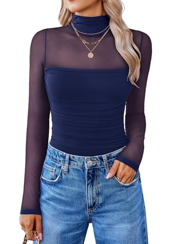 Image of Avidlove Women Long Sleeve Bodysuit Turtle Neck Shapewear Body Suits Mesh One Piece Leotard Shirt Going Out Tops Fall Outfits