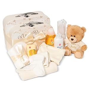 Babygeschenkset – neutrale geschenkmand vol babyproducten in 2 unisex crèmekleurige dozen