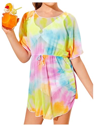 Milumia Girl's Tie Dye Sheer Bowknot Crew Neck Swimwear Cover Up Mesh Coverups