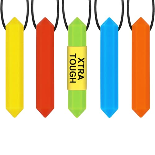 Xtra Tough (XT) Sensory Chew Necklace for Kids, Boys or Girls (5 Pack) - Chewing Necklace Teething Necklace Teether Necklace Chew Toys - Teething Toys Designed for Autism ADHD (5 Colors)