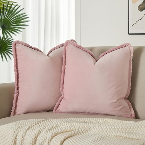 JUSPURBET Pack of 2 Pink Decorative Fringe Velvet Throw Pillow