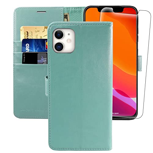 MONASAY Wallet Case for iPhone 11,6.1inch, [Glass Screen Protector Included][RFID Blocking] Flip Folio Leather Cell Phone Cover with Credit Card Holder for iPhone 11,Mint