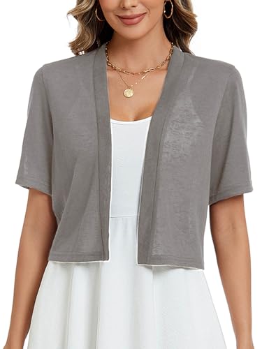 Heymoments Women's Thin Shrugs for Dresses Deep Grey Medium Open Front Short Sleeve Lightweight Coat Cropped Tops Shawls and Wraps Cardigan Dressy Clothes
