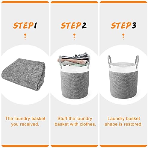 Mardiko Cotton Rope Basket Large Laundry Basket Woven Baby Storage Basket Laundry Hamper with Handle 40L for Diaper Blanket Toy Storage, Grey
