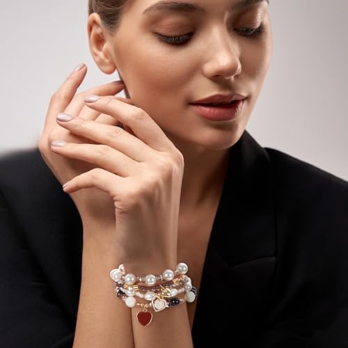 5PCS Bohemian Stackable Beaded Bracelet Set, Brown Handmade Bracelet Heart Faux Pearl Charm Bracelets Stretch Jewelry for Women Friendship Holiday Beach Gifts4