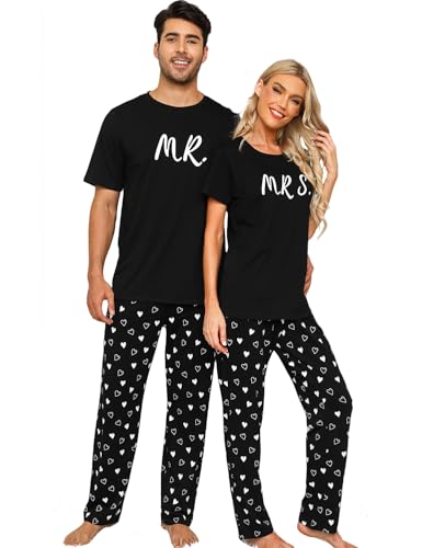 EISHOPEER Cotton Matching Pajamas for Couples Cute Printed Short Sleeve Top & Long Pants Sleepwear Pjs Sets