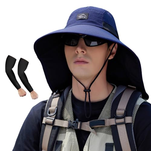Image of Rosoz Outdoor Sun Hat for Men Women, UPF50+ Protection Safari Cap Wide Brim Mesh Fishing Hat with Neck Flap Beach Garden