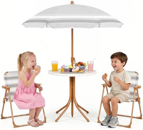 Olakids Kids Picnic Table, Outdoor Toddler Patio Furniture Set with 2 Folding Chairs Adjustable Foldable Umbrella for Garden Backyard Beach (Khaki)