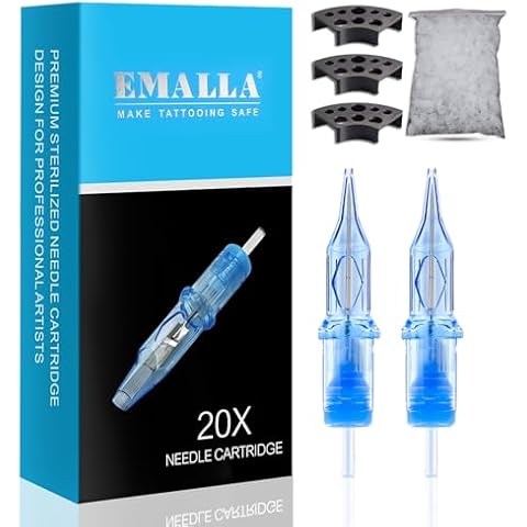 Emalla 20Pcs Eliot Tattoo Cartridge Needles with 303Pcs Tattoo Ink Caps, Tattoo Needles #08 Bugpin Round Liner Tattoo Cartridges 0803RLL Tattoo Needles Diameter 0.25mm Long Taper 5.0mm Cartridges Cover