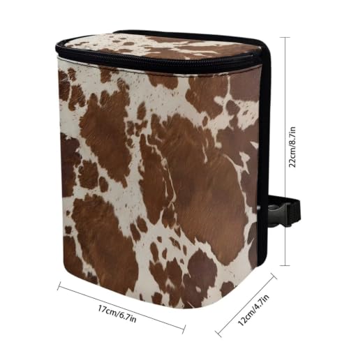 Image of Brown Cow Print Car Garbage Can with Adjustable Straps Car Hanging Trash Can with Lid Multipurpose Portable Trash Bag for Cars SUVs, Trucks