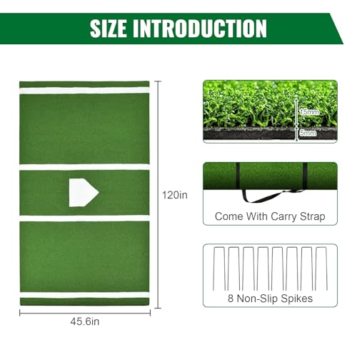 LotFun Baseball Batting Mat, 10 x 3.8ft Portable Softball Hitting Mat, Baseball Training Mat for Batting Cage, Antifade Batters Box Turf Mat with Anti-Slip Spikes for Indoor Outdoor