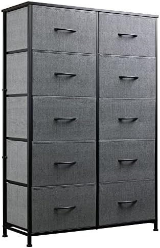 WLIVE 10-Drawer Dresser, Fabric Storage Tower for Bedroom, Hallway, Nursery, Closets, Tall Chest Organizer Unit with Textured Print Fabric Bins, Steel Frame, Wood Top, Easy Pull Handle, Dark Grey