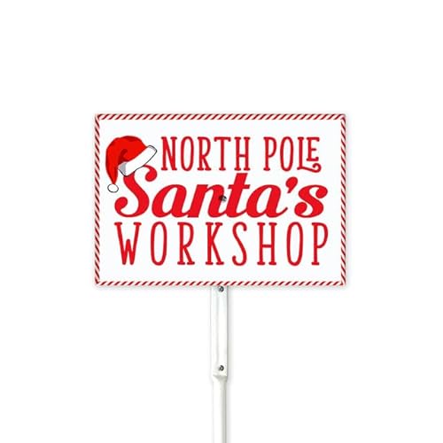 Cartello natalizio da 20 x 30 cm, con palo, polo nord, officina, cartello stradale, Babbo Natale, decorazione in alluminio, per cortili di Natale e prato, decorazione invernale per esterni, robusta e