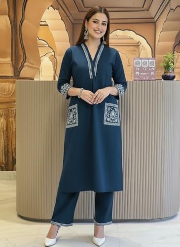 Image of SHEINZY Women's Embroidered Kurta Set with Pants | 3 /4 Sleeve V-Neck Kurti with Floral Thread Work | Ethnic Indian Wear for Casual & Festive Occasions | Comfortable Co-ord