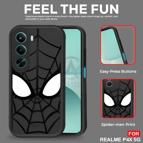Image of AESTMO Back Case Cover Realme P4X 5G Cover | Spidey Face Mask Design | Silicone Case | Full Body Protection | Camera Protection Back Cover for Realme P4X 5G (Black)