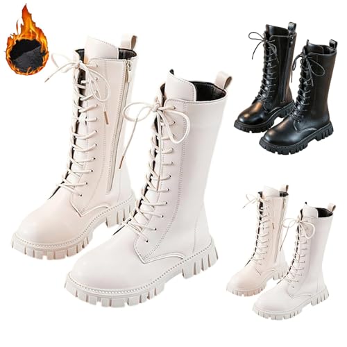 Girls Lace Up Riding Combat Boots Mid Calf PU Leather Zipper Punk Goth Boot Lug Sole Chunky Heels Shoes 4-12 Years4