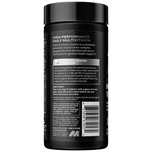 Muscletech Multivitamin For Men & Women Platinum Multivitamin | Vitamin C For Immune Support | 18 Vitamins & Minerals | Vitamins A C D E B6 B12 | Daily Workout Supplements | Multivitamins, 180 Ct #TOP6