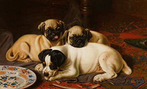 Cuadro sobre lienzo de dos pugs y un terrier, reproducción artística de Horatio Henry 60x90cm