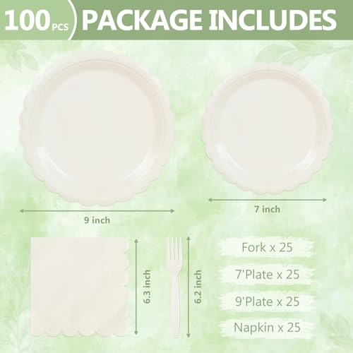 Image of 100 Cream Beige Paper Plates and Napkins Disposable for Party, 25-9 inch&25-7 inch
