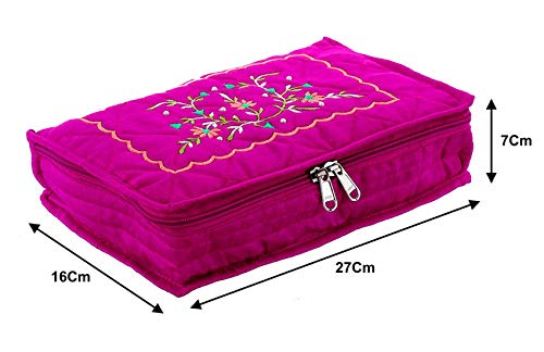 Image of Amazon Brand - Solimo Cotton Blend Embroidery Jewellery Kit cum Pouch, Pink Satin Jewellery Pouch Cum Makeup Kit, Gold