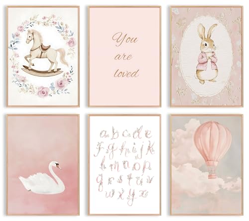 Image of Uniro Pink Nursery Wall Decor Art Prints, Vintage Baby Girl Nursery Room Decor, Cute Baby Girl Room Decor Swan Bunny Hot Air Balloons Alphabets Canvas Painting, Antique Nursery Poster for Little Girl's Bedroom, Kids Room Decor-8x10inch|Unframed