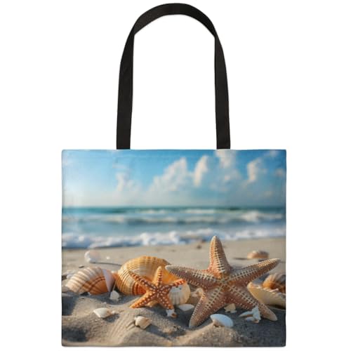 Mularoka Starfish Shell Beach Square Canvas Tote Bag Top Handle Purses Stylish Women Canvas Shoulder Tote Bags Reusable Handbags for Work Travel Picnic Beach Shopping Gym Hiking