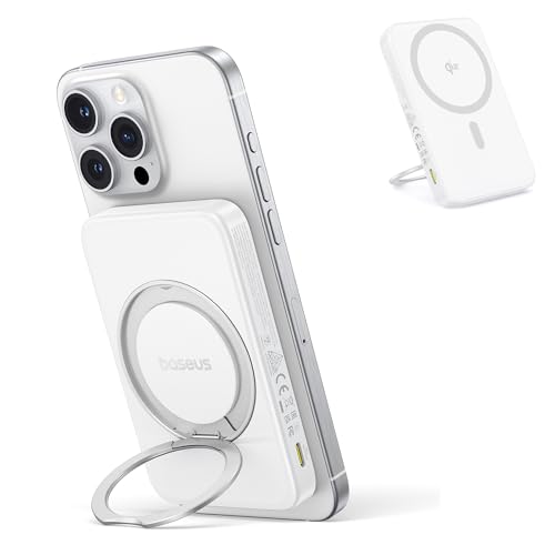 Baseus Qi2 MagSafe Power Bank, Ultra-Slim PicoGo 15W Ultra-Fast Wireless Portable Charger with 360° Rotatable Ring Stand, 5000mAh Magnetic Battery Pack for iPhone 16/15/14/13/12 Series (White)