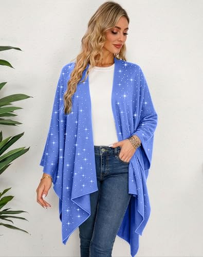 Image of Womens Rhinestones Open Front Poncho Shawl Wrap Cape Ruana Travel Blanket Cardigan