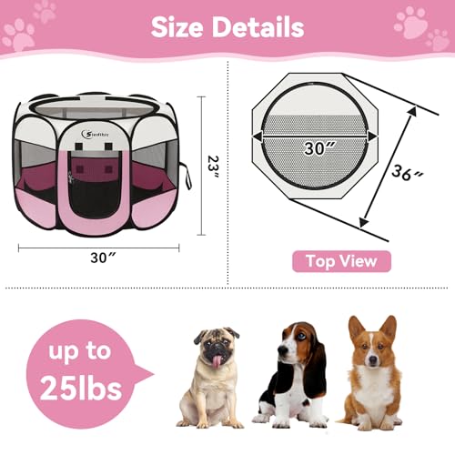 Image of Siedihit Pink Puppy Playpen for Middle Dog Cat, Dog Tent Crates Cage Indoor /Outdoor, Portable Pop Up Dog Kennel with Carrying Bag for Rabbits, (Pink, Medium)