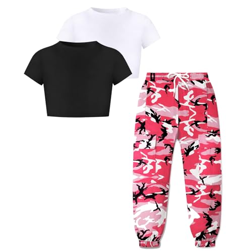 Image of Betusline Cute Clothes for Teen Girls, Short Sleeve Crop Tops for Girls and Black Cargo Jogger Pants Outfits 3pcs Clothes Set, 4-5T = Tag 120