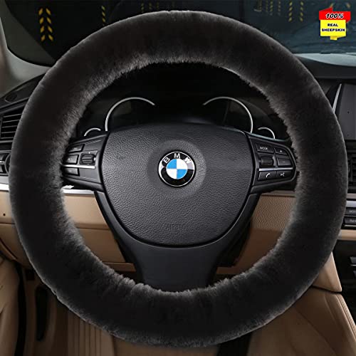 Sisha-A Wool Car Steering Wheel Cover 100% Australia Sheepskin Fur Steering Wheel Protector, Fluffy Warm Durable and High Elasticity Suit for Steering Wheel Size 14.5-16 inches (Carbonarius)
