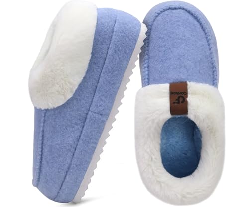 COFACE Womens Warm Fuzzy House Slippers Arch Support Memory Foam Comfort Recovery Platform Winter Moccasin Shoes Ladies Orthotic Plantar Fasciitis Indoor Outdoor Hard Rubber Sole Blue Size 9
