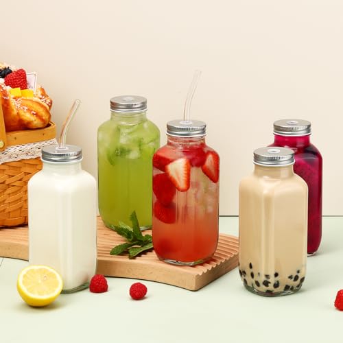 Image of CUCUMI 5pcs 16oz Glass Juice Bottles with Lids, Reusable Juice Containers Drinking Jars Water Cups with Brush, Glass Straws, Lids with Hole
