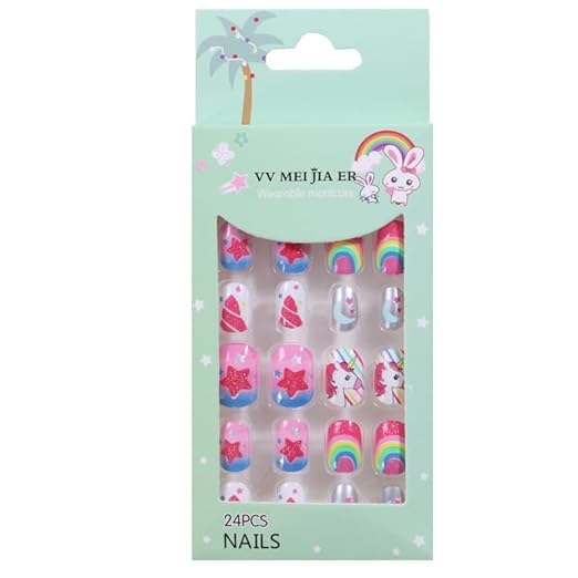 JAY AMBE ENTERPRISE Press-On Nails, Unicorn Rainbow Theme, 24 Pieces, Kids Fake Nails-image-4
