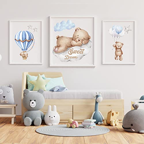 Tedy Bear Sleeping On The Moon And Stars Wall Stickers For Kids Baby Room Decor Sweet Dream Moon Hot Air Balloon Star Baby Nursery Decor Baby Shower Room Interior Decor Kid Bedroom Playroom Wall Decals (Blue) #TOP4