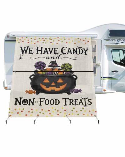 Halloween RV Awning Sun Shade Screen 9'X7' Grimace Cauldron Mesh Sunscreen Jack-o-Lanterns Face Candy Awning Shade Screen with Zipper UV Blocker Completed Kits Outdoor Canopy for RV Motorhome Camper