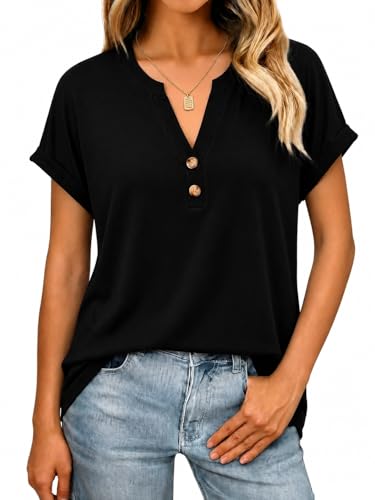 Litherday T-Shirt Damen Einfarbig Henley Tops Loose Fit Kurzarm Oberteil Knopfleiste V-Ausschnitt Gerollten Ärmeln Casual Sommer Trendy Locker Basic Top (Schwarz, S)