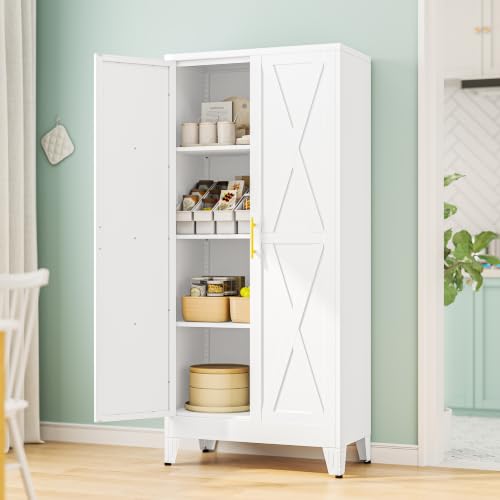 Image of PAOFIN 61 inch H Kitchen Storage Cabinet with Doors | Freestanding Pantry Cabinet,Farmhouse Food Storage Cabinets,Tall Cabinets for Kitchen, Dining Room, Living Room(White)