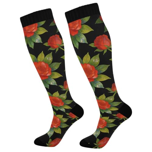 Red Roses on Black Background durables Calf High Socks for Standing All Day