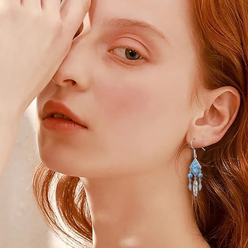 925 Sterling Silver Feather Turquoise Dangle Drop Earrings Jewelry Gift for Women2