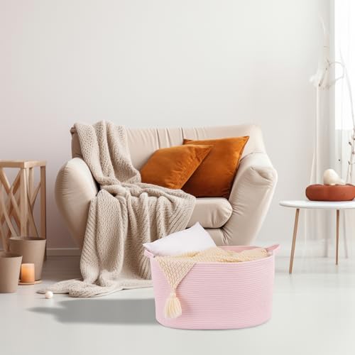 XUANGUO Large Rectangle Blankets Basket- 22\"x17\"x12\" Toy Basket for Kids - Woven Cotton Rope Storage Basket for Nursery - Wicker Laundry Basket for Clothes Towels - Ideal for Living Room Storage pink - Thumbnail 5