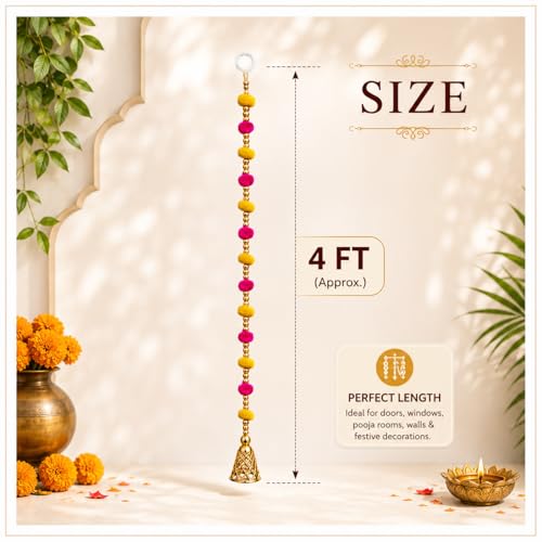Image of Bindian Pom Pom Beads & Golden Bell Toran for Main Door, Pack of 10 Home Decor Wall Hanging Decoration, Door Hanging Decorative Items, Pooja Room Decor, Festival Decoration