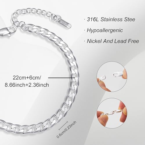 ALEXCRAFT Edelstahl Fussketten für Frauen Cuban Fußkettchen für Damen Silber 6mm Breit 22cm Länge