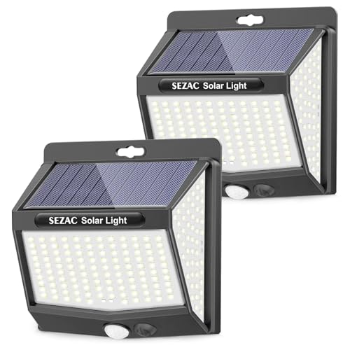 SEZAC Luce Solare Led Esterno【2 Pezzi /3 Modalità】 Illuminazione a 270° con Sensore di Movimento, IP65 Impermeabile Lampada per Giardino, Patio e Garage