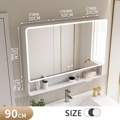 LED Lighted Bathroom Mirror Cabinet with Defog, Stepless Dimming, Color Temperature Change, 2 Outlets, Storage Shelves, Beige, Size: W100*H88cm - Modern Design