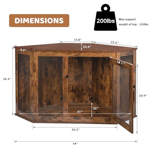 LEMBERI Corner Dog Crate Furniture, 44 Inch Wooden Dog Kennel Side Table with Iron Mesh, Decorative Pet House for Medium/Small Dogs Indoor Use, Brown, 23.6\" L x 44.0\" W x 26.4\" H - Thumbnail 5