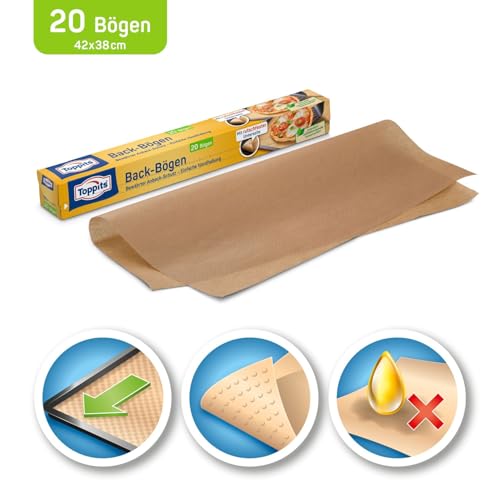Toppits Backpapier-Bögen - 1 x 20 Stück, 42 x 38 cm, Antihaft, Rutschfest, FSC zertifiziert, Ideal für Backofen, Airfryer und Dampfgarer