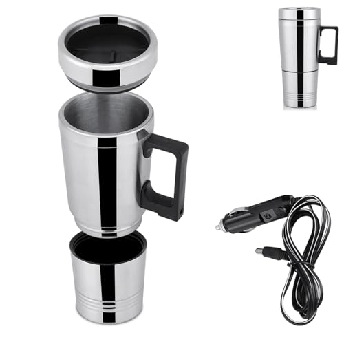 HERCHR 300ml Car Electric Tea Kettle, 12V Stainless Steel Electric In-car Travel Heating Cup Car Water Heater Travel Portable Heating Cup with Lid for Most Car Cup Holders, 6.5X19.5cm