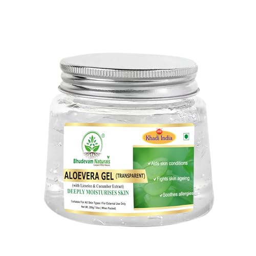 Image of Khadi Organic and Natural Aloe Vera Gel (Transparent) by Bhudevam Naturals | Soothing & Hydrating Gel for Skin & Hair | Natural Skincare for Pimples, Sunburn & Dryness, 200g