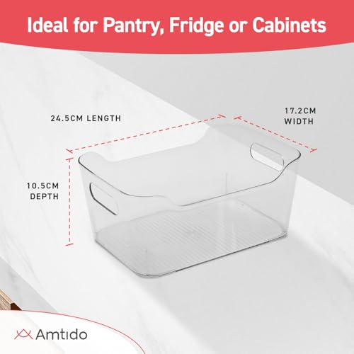 Amtido Clear Plastic Organiser Storage Medium, 4 Pack (24.5 x 10.5 x 17.2 cm) – Durable BPA-Free PET Fridge Organisers with Handles - Nestable Tray Storage for Kitchen, Fridge, Pantry, Bathroom - Image 3